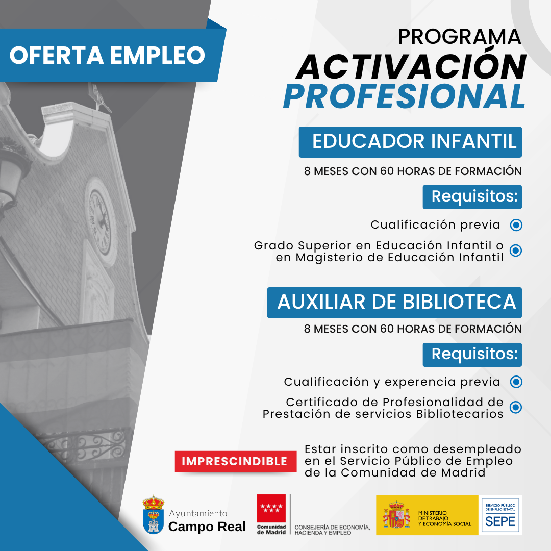 El Ayuntamiento de Campo Real contratará un educador infantil y un auxiliar de Biblioteca con el Programa de Activación Profesional